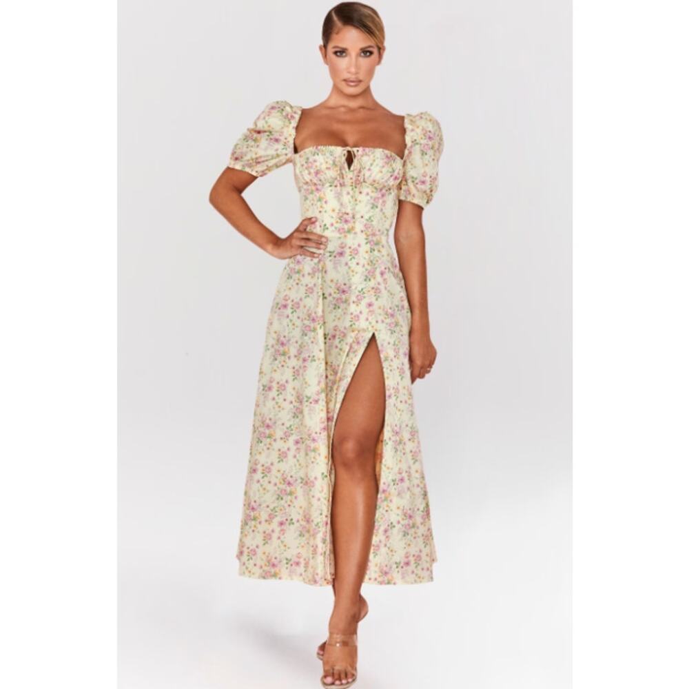 House of CB Tallulah Lemon Floral Puff Sleeve Midi Dress Sundress Cottagecore - Picture 10 of 15